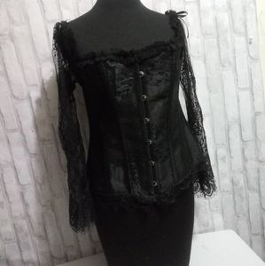 Strapless black corset with lace bell slee…